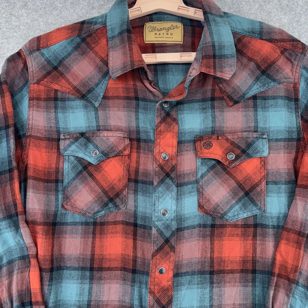 Wrangler Retro Mens XL Orange Teal Plaid Pearl Snap Western Flannel Shirt